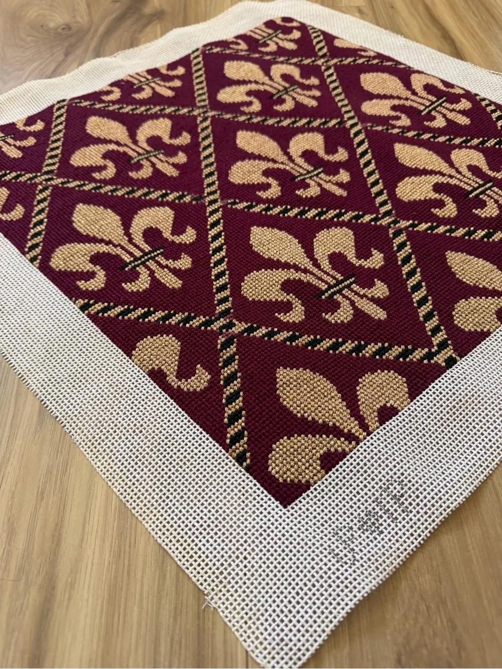 Vintage Handstitched Needlepoint Canvas Fleur-de-Lis Burgundy 15.5” Square